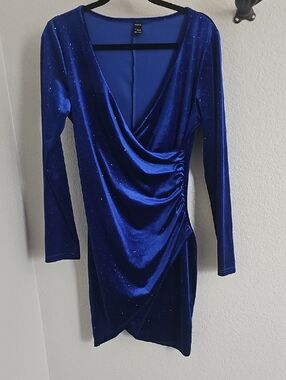 Velvet Ruched Wrap Dress in Royal Blue